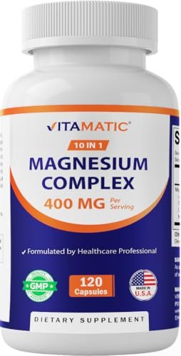 Vitamatic Magnesium Komplex 400 mg Elementares Mg – 120 Kapseln mit Bisglycinat, Citrat, Taurat, Malat, Aspartat, Oxid, Gluconat, Lysinatglycinat, Orotat, Succinat