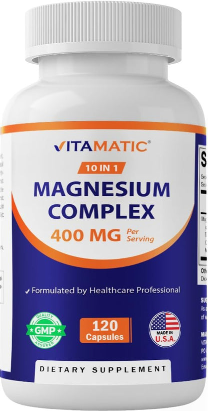 Vitamatic Magnesium Komplex 400 mg Elementares Mg – 120 Kapseln mit Bisglycinat, Citrat, Taurat, Malat, Aspartat, Oxid, Gluconat, Lysinatglycinat, Orotat, Succinat
