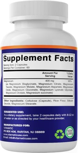 Vitamatic Magnesium Komplex 400 mg Elementares Mg – 120 Kapseln mit Bisglycinat, Citrat, Taurat, Malat, Aspartat, Oxid, Gluconat, Lysinatglycinat, Orotat, Succinat