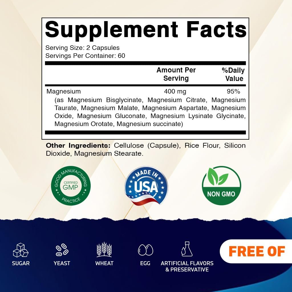Vitamatic Magnesium Komplex 400 mg Elementares Mg – 120 Kapseln mit Bisglycinat, Citrat, Taurat, Malat, Aspartat, Oxid, Gluconat, Lysinatglycinat, Orotat, Succinat