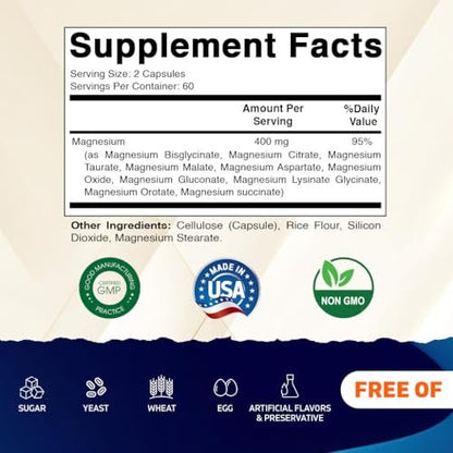 Vitamatic Magnesium Komplex 400 mg Elementares Mg – 120 Kapseln mit Bisglycinat, Citrat, Taurat, Malat, Aspartat, Oxid, Gluconat, Lysinatglycinat, Orotat, Succinat