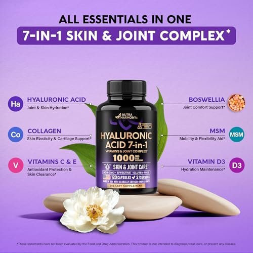 Hyaluronsäure Kapseln 1000 mg – 7-in-1 Komplex mit Kollagen, MSM, Boswellia, Vitamin D3, C & E – Für Hautfeuchtigkeit und Gelenkkomfort – Laborgetestet – 120 Kapseln