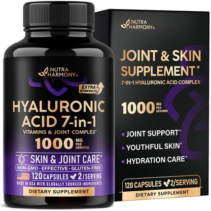 Hyaluronsäure Kapseln 1000 mg – 7-in-1 Komplex mit Kollagen, MSM, Boswellia, Vitamin D3, C & E – Für Hautfeuchtigkeit und Gelenkkomfort – Laborgetestet – 120 Kapseln