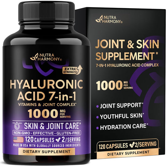 Hyaluronsäure Kapseln 1000 mg – 7-in-1 Komplex mit Kollagen, MSM, Boswellia, Vitamin D3, C & E – Für Hautfeuchtigkeit und Gelenkkomfort – Laborgetestet – 120 Kapseln