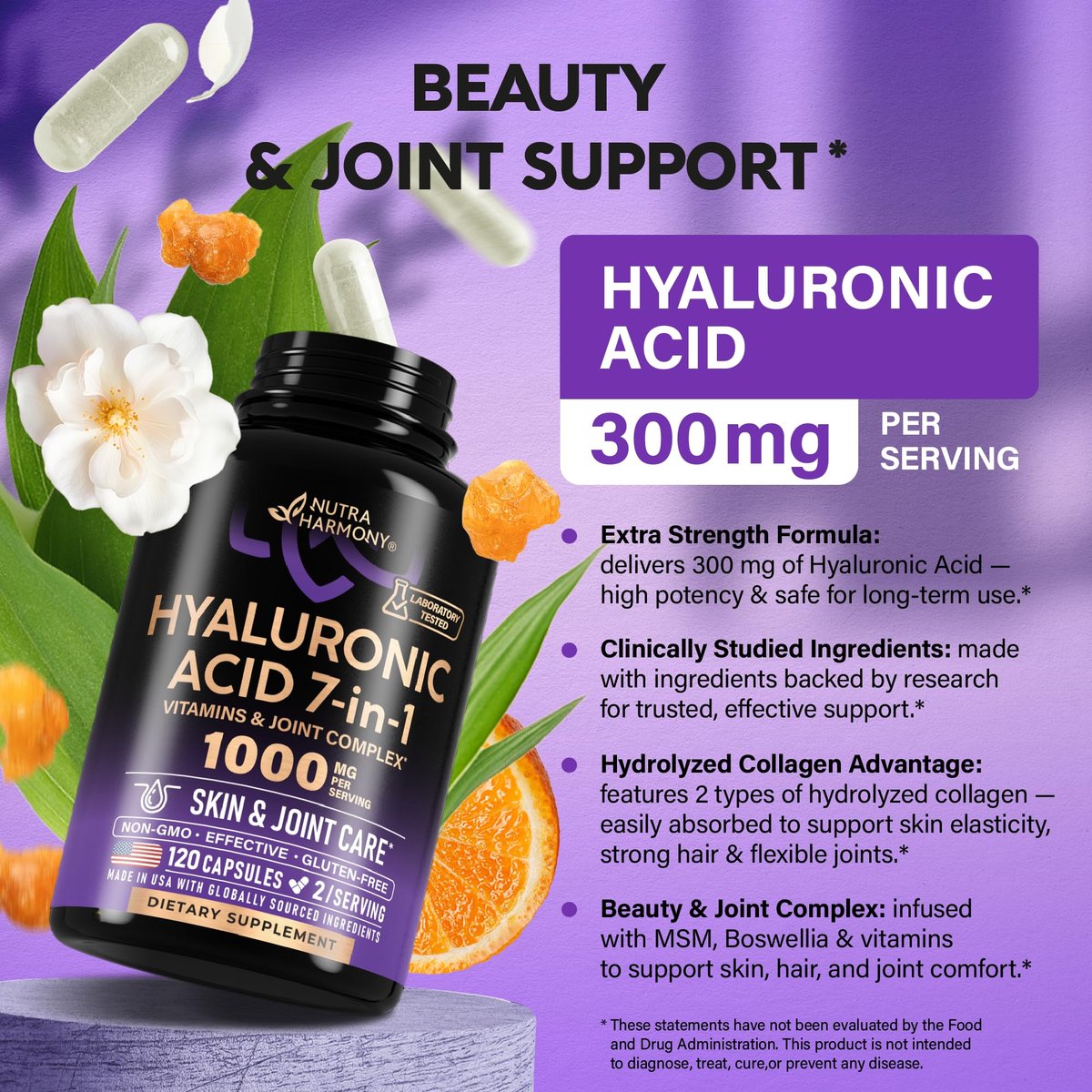 Hyaluronsäure Kapseln 1000 mg – 7-in-1 Komplex mit Kollagen, MSM, Boswellia, Vitamin D3, C & E – Für Hautfeuchtigkeit und Gelenkkomfort – Laborgetestet – 120 Kapseln