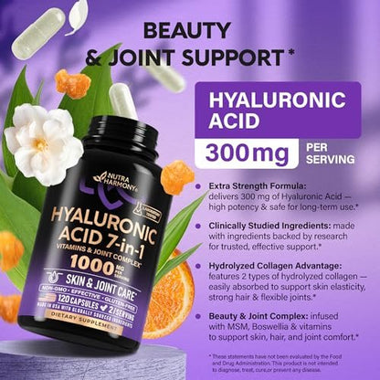Hyaluronsäure Kapseln 1000 mg – 7-in-1 Komplex mit Kollagen, MSM, Boswellia, Vitamin D3, C & E – Für Hautfeuchtigkeit und Gelenkkomfort – Laborgetestet – 120 Kapseln