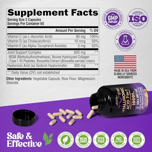 Hyaluronsäure Kapseln 1000 mg – 7-in-1 Komplex mit Kollagen, MSM, Boswellia, Vitamin D3, C & E – Für Hautfeuchtigkeit und Gelenkkomfort – Laborgetestet – 120 Kapseln