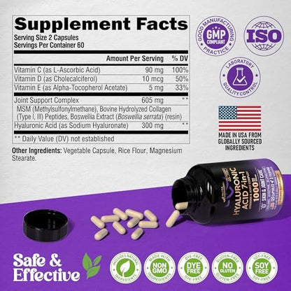 Hyaluronsäure Kapseln 1000 mg – 7-in-1 Komplex mit Kollagen, MSM, Boswellia, Vitamin D3, C & E – Für Hautfeuchtigkeit und Gelenkkomfort – Laborgetestet – 120 Kapseln