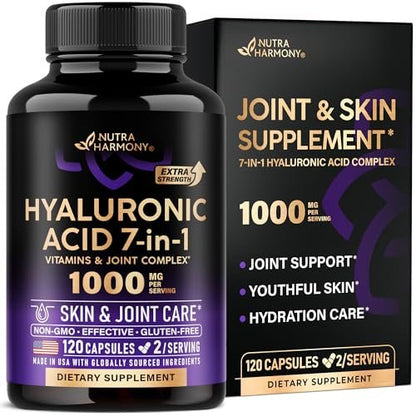 Hyaluronsäure Kapseln 1000 mg – 7-in-1 Komplex mit Kollagen, MSM, Boswellia, Vitamin D3, C & E – Für Hautfeuchtigkeit und Gelenkkomfort – Laborgetestet – 120 Kapseln