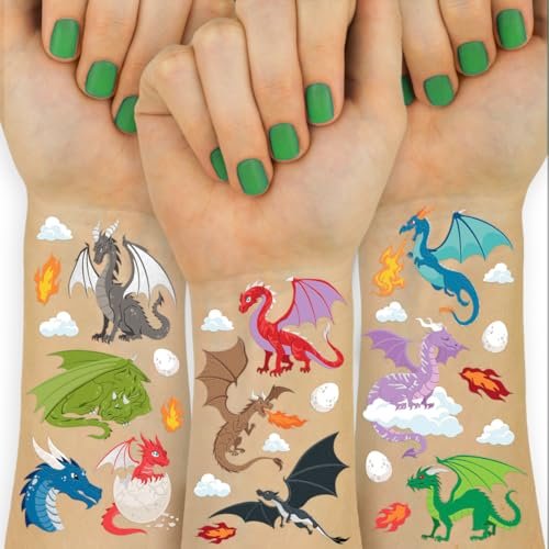 xo, Fetti Drachen Tattoos zum Aufkleben – 40 Silberfolien-Designs | Magische Geburtstagsdekoration, Fantasy-Kinderparty-Geschenk, Wyvern-Accessoire, mythische Dino-Tattoos