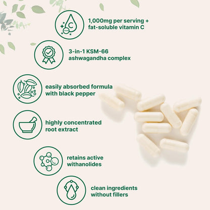 KSM-66 Ashwagandha 1.000 mg pro Portion | 120 vegane Kapseln mit schwarzem Pfeffer für bessere Aufnahme & fettlösliches Vitamin C | Hochwertiger Wurzelextrakt | Stressabbau, Entspannung & Schlafunterstützung | Ohne Füllstoffe