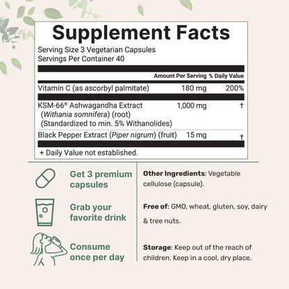 KSM-66 Ashwagandha 1.000 mg pro Portion | 120 vegane Kapseln mit schwarzem Pfeffer für bessere Aufnahme & fettlösliches Vitamin C | Hochwertiger Wurzelextrakt | Stressabbau, Entspannung & Schlafunterstützung | Ohne Füllstoffe
