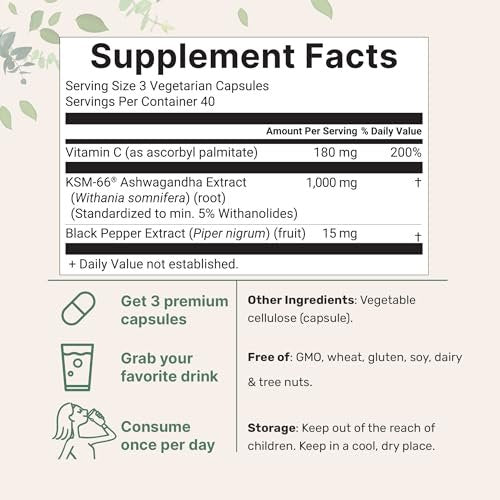 KSM-66 Ashwagandha 1.000 mg pro Portion | 120 vegane Kapseln mit schwarzem Pfeffer für bessere Aufnahme & fettlösliches Vitamin C | Hochwertiger Wurzelextrakt | Stressabbau, Entspannung & Schlafunterstützung | Ohne Füllstoffe