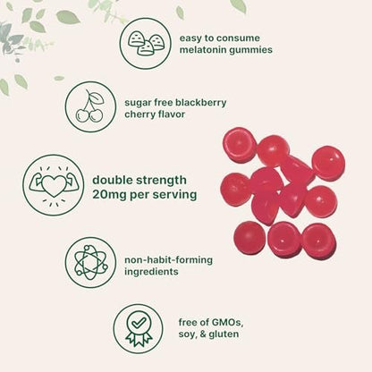 Micro Ingredients Melatonin 20 mg Gummis für Erwachsene, 120 Stück | Schlafhilfe mit 10 mg Melatonin pro Gummi | Zuckerfreier Brombeer-Kirsch-Geschmack | Kein Medikament + nicht gewohnheitsbildend | Non-GMO, glutenfrei