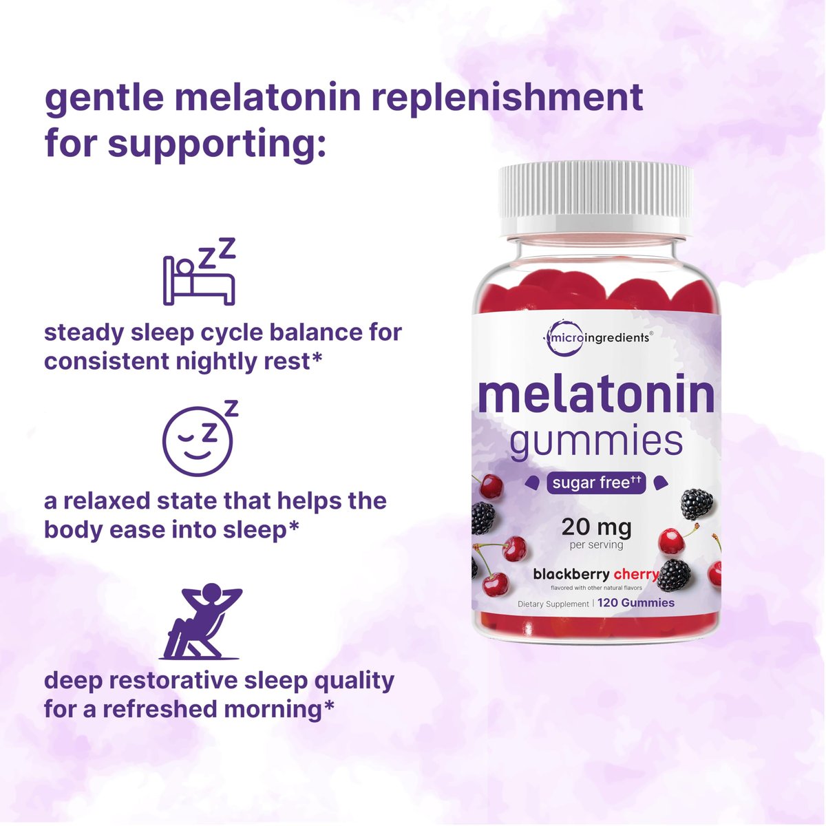 Micro Ingredients Melatonin 20 mg Gummis für Erwachsene, 120 Stück | Schlafhilfe mit 10 mg Melatonin pro Gummi | Zuckerfreier Brombeer-Kirsch-Geschmack | Kein Medikament + nicht gewohnheitsbildend | Non-GMO, glutenfrei