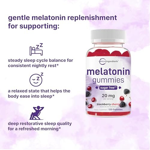 Micro Ingredients Melatonin 20 mg Gummis für Erwachsene, 120 Stück | Schlafhilfe mit 10 mg Melatonin pro Gummi | Zuckerfreier Brombeer-Kirsch-Geschmack | Kein Medikament + nicht gewohnheitsbildend | Non-GMO, glutenfrei