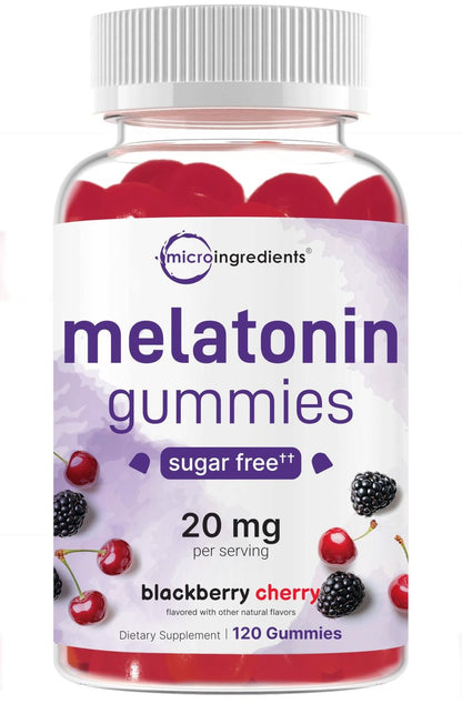 Micro Ingredients Melatonin 20 mg Gummis für Erwachsene, 120 Stück | Schlafhilfe mit 10 mg Melatonin pro Gummi | Zuckerfreier Brombeer-Kirsch-Geschmack | Kein Medikament + nicht gewohnheitsbildend | Non-GMO, glutenfrei