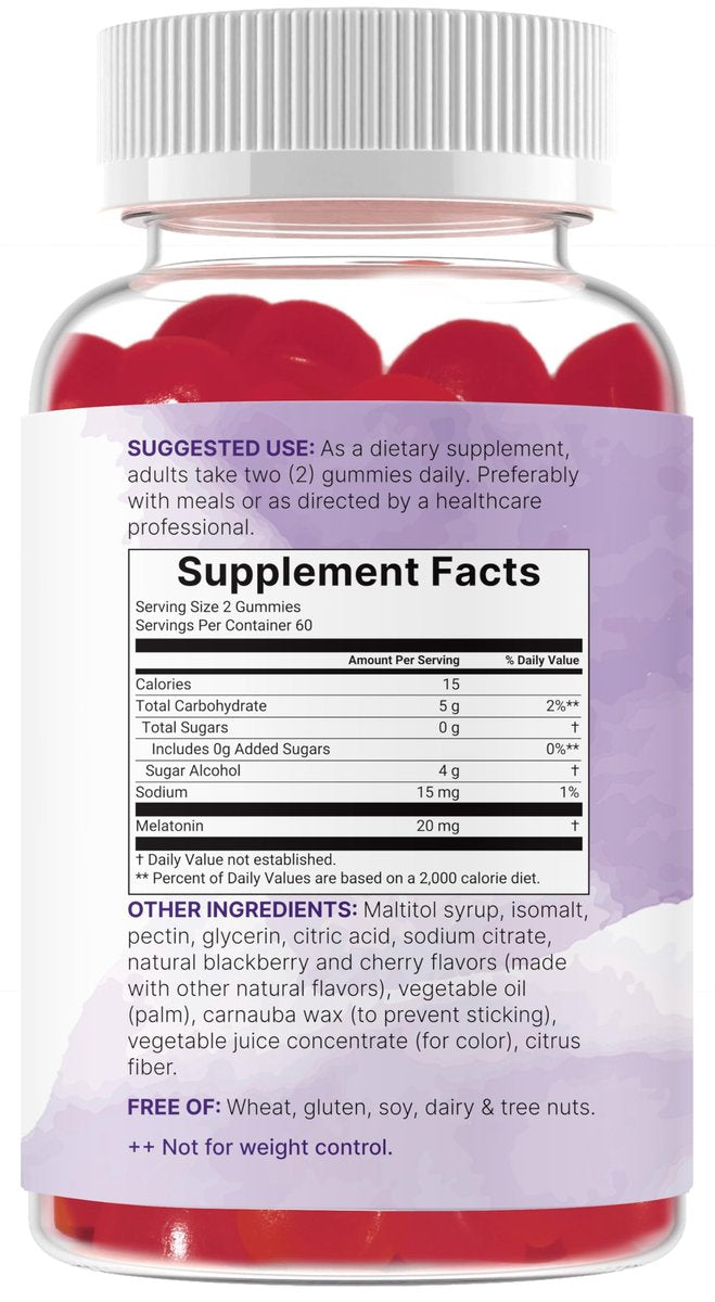 Micro Ingredients Melatonin 20 mg Gummis für Erwachsene, 120 Stück | Schlafhilfe mit 10 mg Melatonin pro Gummi | Zuckerfreier Brombeer-Kirsch-Geschmack | Kein Medikament + nicht gewohnheitsbildend | Non-GMO, glutenfrei