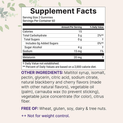 Micro Ingredients Melatonin 20 mg Gummis für Erwachsene, 120 Stück | Schlafhilfe mit 10 mg Melatonin pro Gummi | Zuckerfreier Brombeer-Kirsch-Geschmack | Kein Medikament + nicht gewohnheitsbildend | Non-GMO, glutenfrei