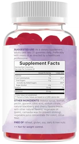Micro Ingredients Melatonin 20 mg Gummis für Erwachsene, 120 Stück | Schlafhilfe mit 10 mg Melatonin pro Gummi | Zuckerfreier Brombeer-Kirsch-Geschmack | Kein Medikament + nicht gewohnheitsbildend | Non-GMO, glutenfrei