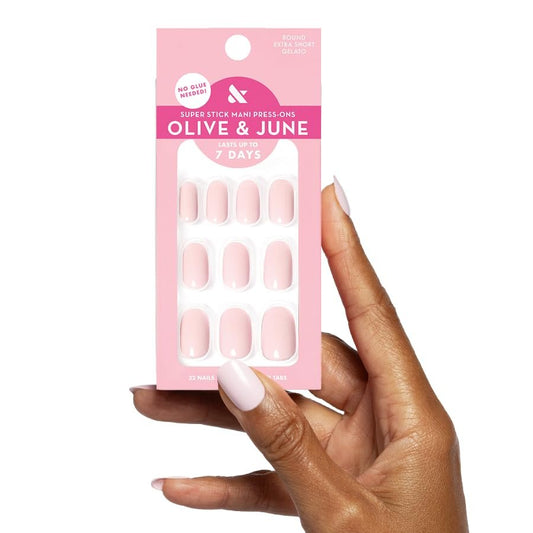 Olive & June Classic Super Stick Mani Press On Nails – Gelato Pink, Kurz, Rund – 32 Nägel in 16 Größen – Kein Kleber nötig – 7 Tage Halt
