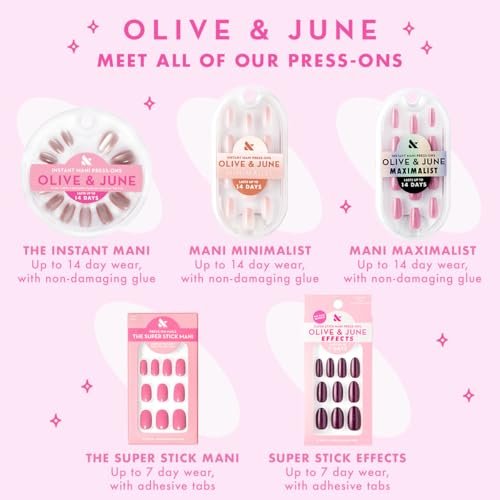 Olive & June Classic Super Stick Mani Press On Nägel | Kein Kleber nötig | 32 Tab-Nägel in 16 Größen | Ungiftige Tabs, schonend, 7 Tage Halt | Frühlingsblumen & Muster | Kurz, Squoval | Tutu Pastellrosa