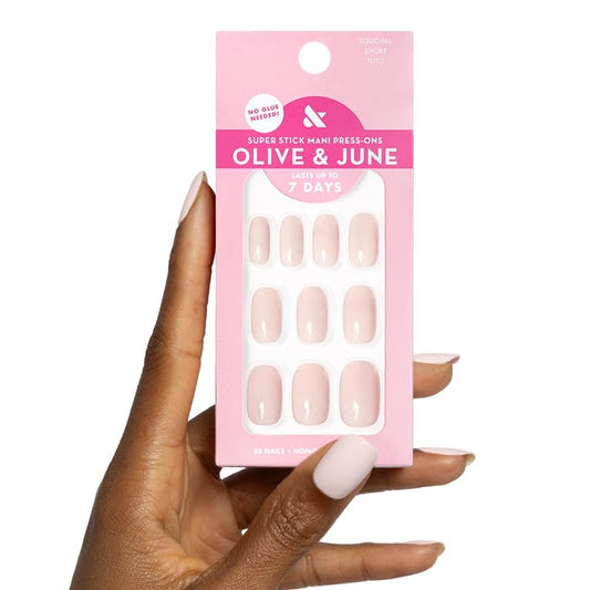Olive & June Classic Super Stick Mani Press On Nägel | Kein Kleber nötig | 32 Tab-Nägel in 16 Größen | Ungiftige Tabs, schonend, 7 Tage Halt | Frühlingsblumen & Muster | Kurz, Squoval | Tutu Pastellrosa