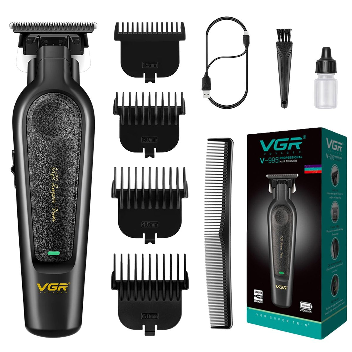 VGR 995 Professioneller Haartrimmer für Männer – Null-Lücken-Barber-Edger, kabelloser Bartschneider mit 4 Aufsteckkämmen, USB-wiederaufladbar