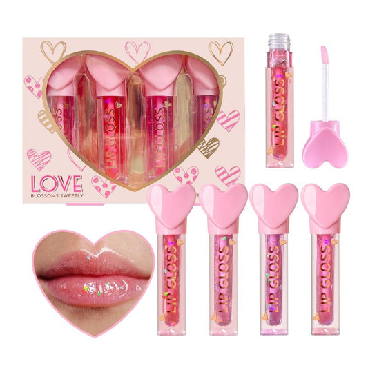 4er-Pack Herz-Anhänger Lipgloss-Sticks für Mädchen – Glänzende, fruchtige Lipgloss-Set | Ungiftige Partygeschenke, Teenager-Make-up-Geschenk mit süßem Topper