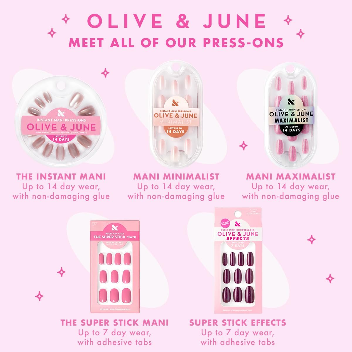 Olive & June Classic Super Stick Mani Press On Nails – Kurz, rund, Frühlingsblumen & Muster – Kein Kleber nötig – 32 Nägel, 16 Größen – 7 Tage Halt – Nicht toxisch, schonend