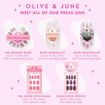 Olive & June Classic Super Stick Mani Press On Nails – Kurz, rund, Frühlingsblumen & Muster – Kein Kleber nötig – 32 Nägel, 16 Größen – 7 Tage Halt – Nicht toxisch, schonend