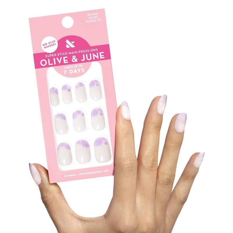 Olive & June Classic Super Stick Mani Press On Nails – Kurz, rund, Frühlingsblumen & Muster – Kein Kleber nötig – 32 Nägel, 16 Größen – 7 Tage Halt – Nicht toxisch, schonend