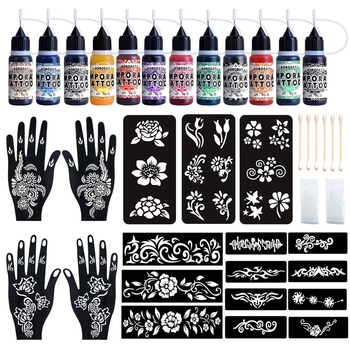 Temporäre Tattoo-Kit 12 Flaschen 11 Farben Temporäre Tattoo-Farbe 18 Tattoo-Schablonen für Erwachsene/Kinder – Sicher & Einfach (Schwarz×2, Rot, Grün, Lila, Orange, Marineblau, Braun, Pink, Grau, Gelb)