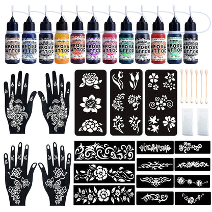 Temporäre Tattoo-Kit 12 Flaschen 11 Farben Temporäre Tattoo-Farbe 18 Tattoo-Schablonen für Erwachsene/Kinder – Sicher & Einfach (Schwarz×2, Rot, Grün, Lila, Orange, Marineblau, Braun, Pink, Grau, Gelb)
