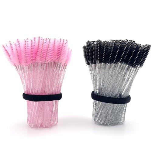 BIDEX 200 Stück Einweg-Mascara-Stäbchen, Spiralförmige Wimpernbürsten-Applikatoren mit Kristallgriffen, Wimperspulen für Wimpern- und Augenbrauen-Make-up, Make-up-Pinsel-Werkzeuge in Schwarz und Pink