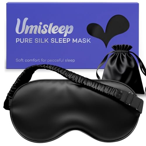 Umisleep Schlafmaske aus 100% reiner Maulbeerseide, 22 Momme 6A weiche Augenmaske für erholsamen Schlaf, verstellbar, lichtblockierend, für Damen und Herren, schwarz