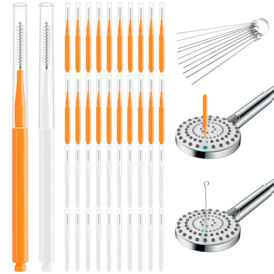 50 Stück Duschkopf-Reinigungsbürste – Duschkopf-Reiniger für kleine Löser, Antiverstopfung multifunktionale Fugenbürste mit Schutzkappe & Aufbewahrungsbox (Orange, Weiß)