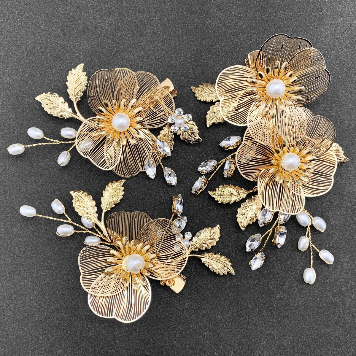 PRETTYLIFE Braut Gold Haarklammern Kristall Perlen Gold Metall Blatt Haarspangen Accessoires für Hochzeit (3er Pack)