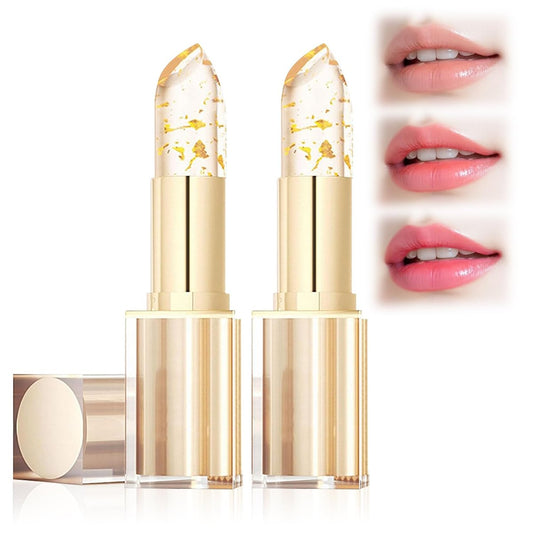 ginolmis Transferproof Farbecht Lippenstift, Goldkristall PH Lippenstift Farbe Wechselnd, Farbwechsel Lippenstift Goldfolie, Lang anhaltend 24 Stunden Feuchtigkeitsspendend Glänzender Lipgloss für Frauen (2 Stück)
