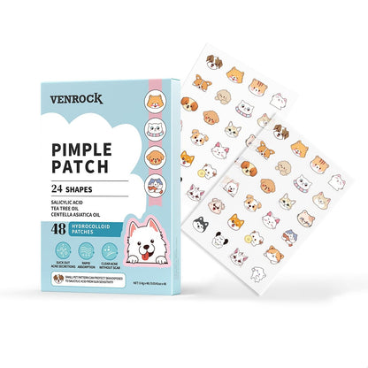 VENROCK Pimple Patches fürs Gesicht – 24 niedliche Tierformen, 48 Stück Hydrokolloid-Akne-Pflaster mit Salicylsäure, Teebaumöl und Centella Asiatica Öl zur Abdeckung von Pickeln & Makel – für Kinder & Erwachsene