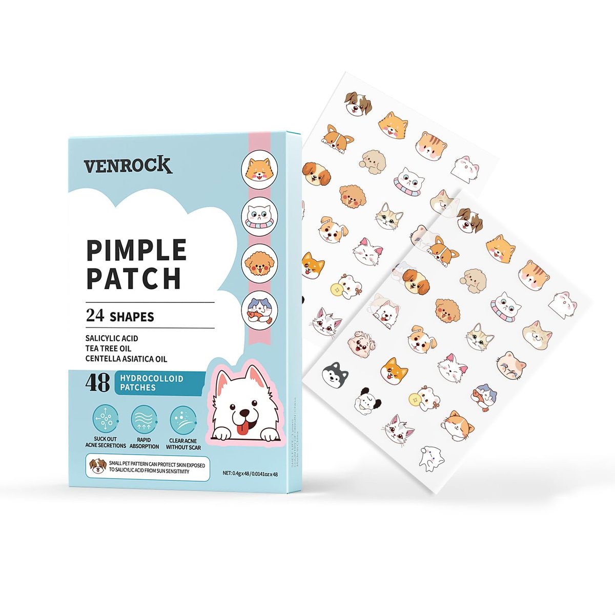 VENROCK Pimple Patches fürs Gesicht – 24 niedliche Tierformen, 48 Stück Hydrokolloid-Akne-Pflaster mit Salicylsäure, Teebaumöl und Centella Asiatica Öl zur Abdeckung von Pickeln & Makel – für Kinder & Erwachsene