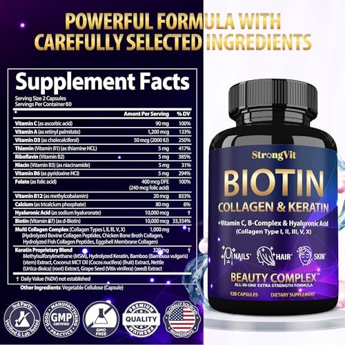 StrongVit Biotin mit Hyaluronsäure, Keratin und Kollagen - 10000mcg für Haarwachstum bei Frauen und Männern - Haar-, Haut- und Nagel-Vitamine - 120 Kapseln
