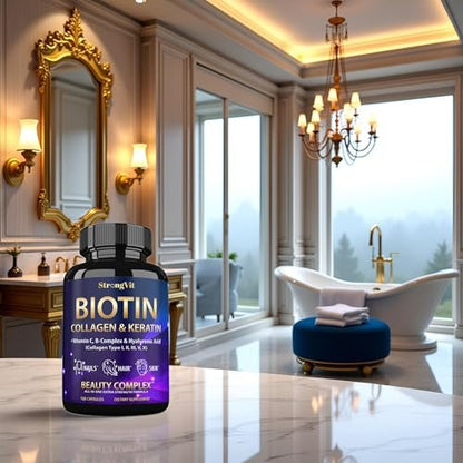 StrongVit Biotin mit Hyaluronsäure, Keratin und Kollagen - 10000mcg für Haarwachstum bei Frauen und Männern - Haar-, Haut- und Nagel-Vitamine - 120 Kapseln