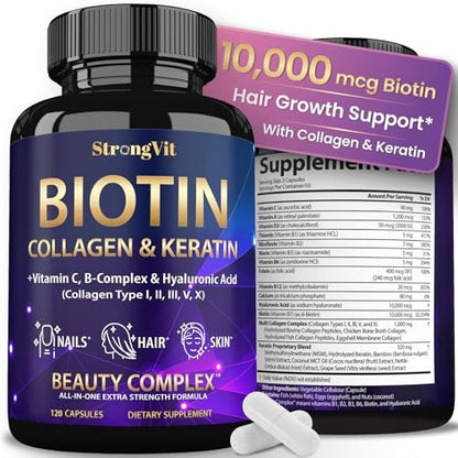 StrongVit Biotin mit Hyaluronsäure, Keratin und Kollagen - 10000mcg für Haarwachstum bei Frauen und Männern - Haar-, Haut- und Nagel-Vitamine - 120 Kapseln