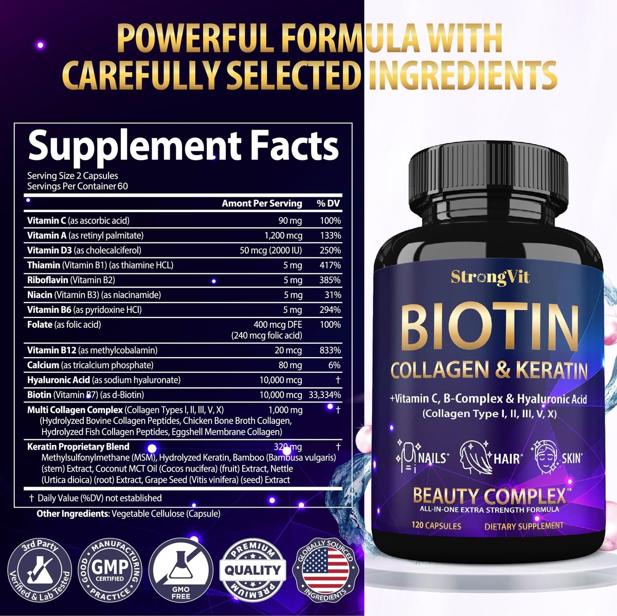 StrongVit Biotin mit Hyaluronsäure, Keratin und Kollagen - 10000mcg für Haarwachstum bei Frauen und Männern - Haar-, Haut- und Nagel-Vitamine - 120 Kapseln