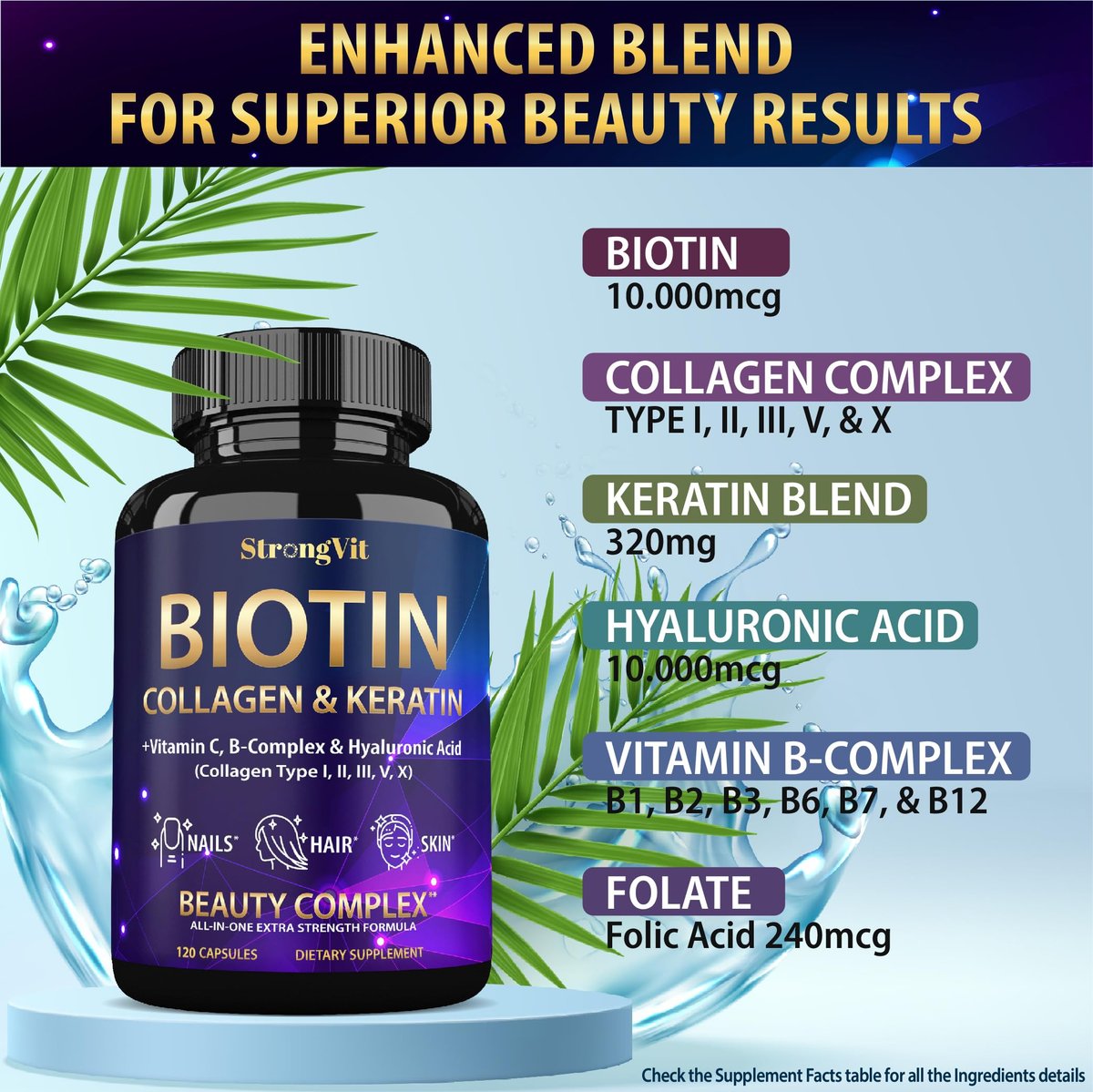 StrongVit Biotin mit Hyaluronsäure, Keratin und Kollagen - 10000mcg für Haarwachstum bei Frauen und Männern - Haar-, Haut- und Nagel-Vitamine - 120 Kapseln