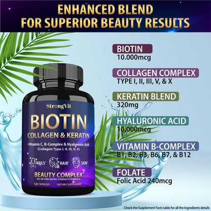 StrongVit Biotin mit Hyaluronsäure, Keratin und Kollagen - 10000mcg für Haarwachstum bei Frauen und Männern - Haar-, Haut- und Nagel-Vitamine - 120 Kapseln