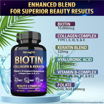 StrongVit Biotin mit Hyaluronsäure, Keratin und Kollagen - 10000mcg für Haarwachstum bei Frauen und Männern - Haar-, Haut- und Nagel-Vitamine - 120 Kapseln
