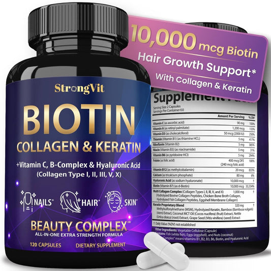 StrongVit Biotin mit Hyaluronsäure, Keratin und Kollagen - 10000mcg für Haarwachstum bei Frauen und Männern - Haar-, Haut- und Nagel-Vitamine - 120 Kapseln
