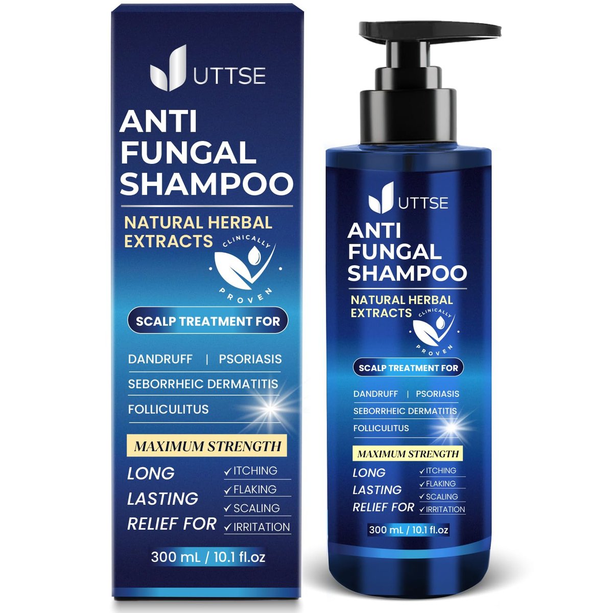 Uttse Anti-Pilz-Shampoo gegen Schuppen, Psoriasis der Kopfhaut, seborrhoische Dermatitis und Follikulitis – Lindert juckende & trockene Kopfhaut – 300 ml / 10,1 fl.oz